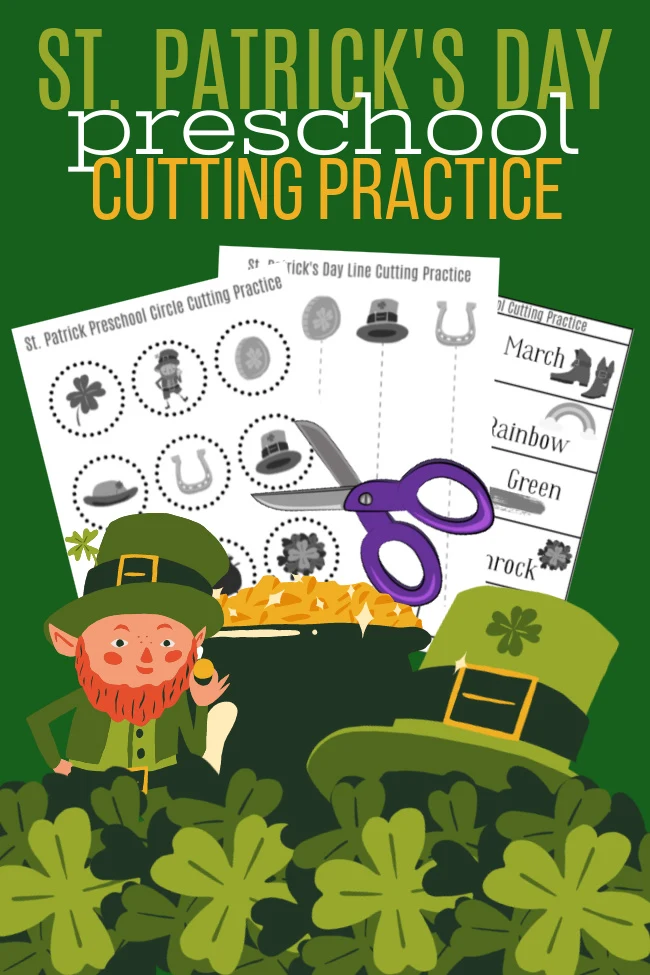 Green Background with St Patrick's Day Items in the forefront and sample pages of the St. Patrick Preschool Cutting Practice Worksheets
