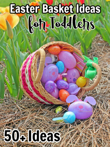 Easter Basket spilling over into the grass with purple and blue eggs, titled Easter Basket Ideas for Toddlers