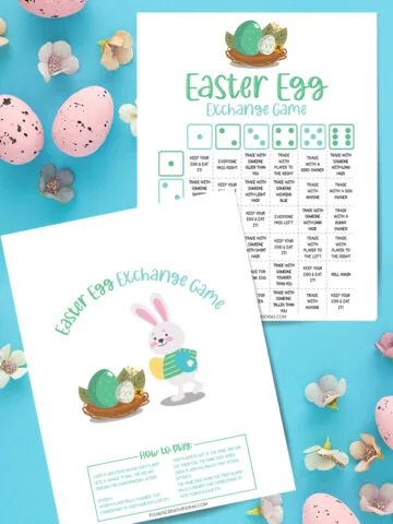 Collage of printables of the Easter Egg Exchange Dice Game on a blue background