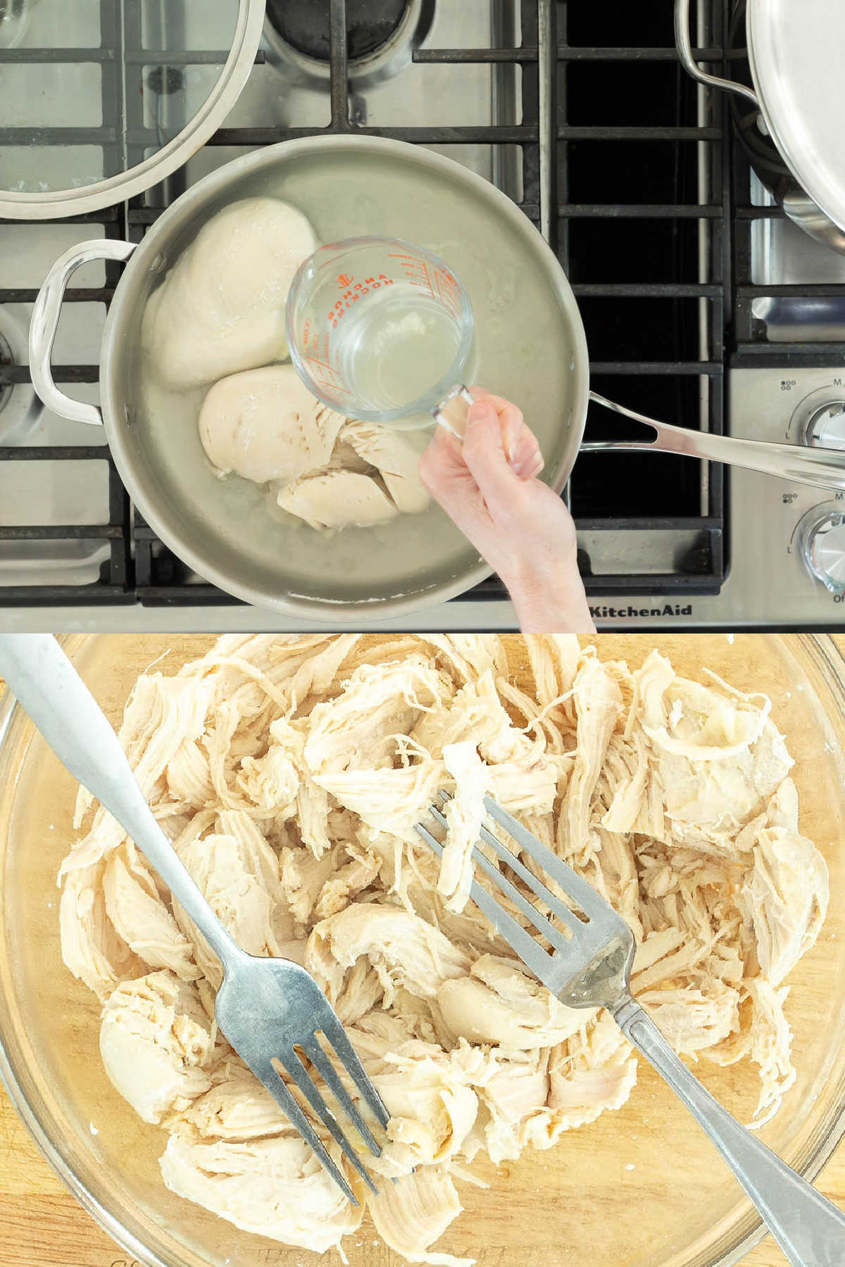 Collage of the process to make chicken spaghetti, taking out a cup of broth and shredding the chicken