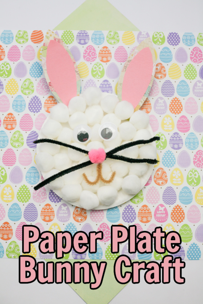 Pom Pom Paper Plate Bunny Craft on a Easter Egg background