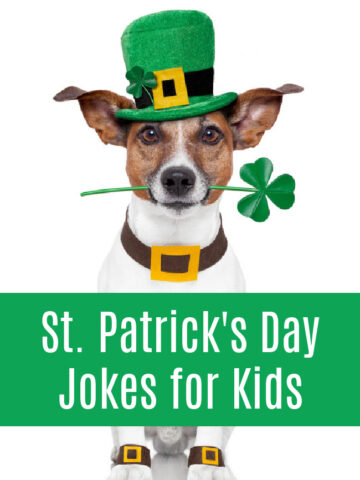 St. Patrick's Day dressed up dog with a banner that says St. Patrick's Day Jokes for Kids