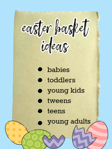 blue background with easter basket ideas listed out and colorful easter eggs around the edges