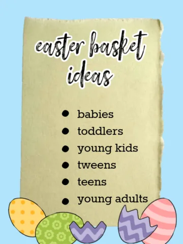 blue background with easter basket ideas listed out and colorful easter eggs around the edges