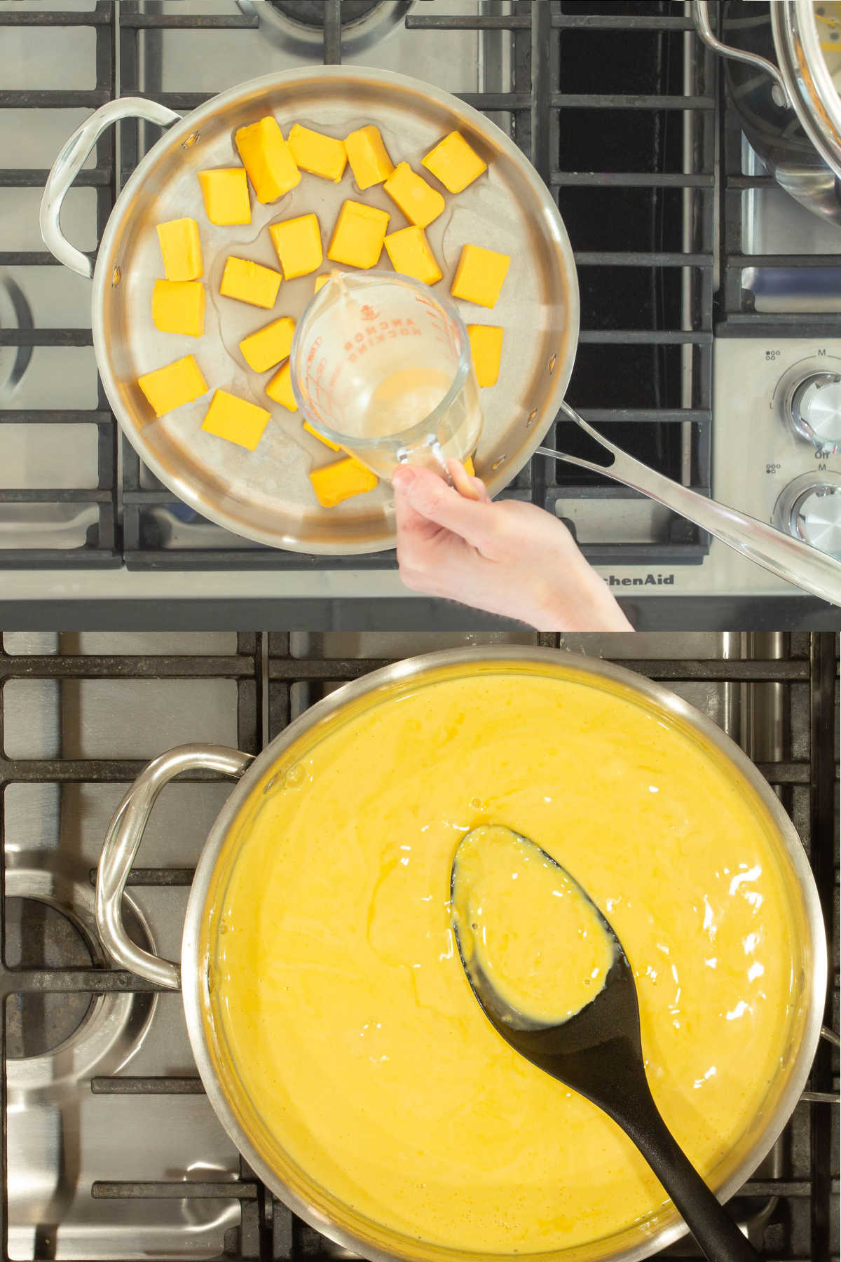 Collage of cubed Velveeta being mixed with chicken broth and the melted Velveeta