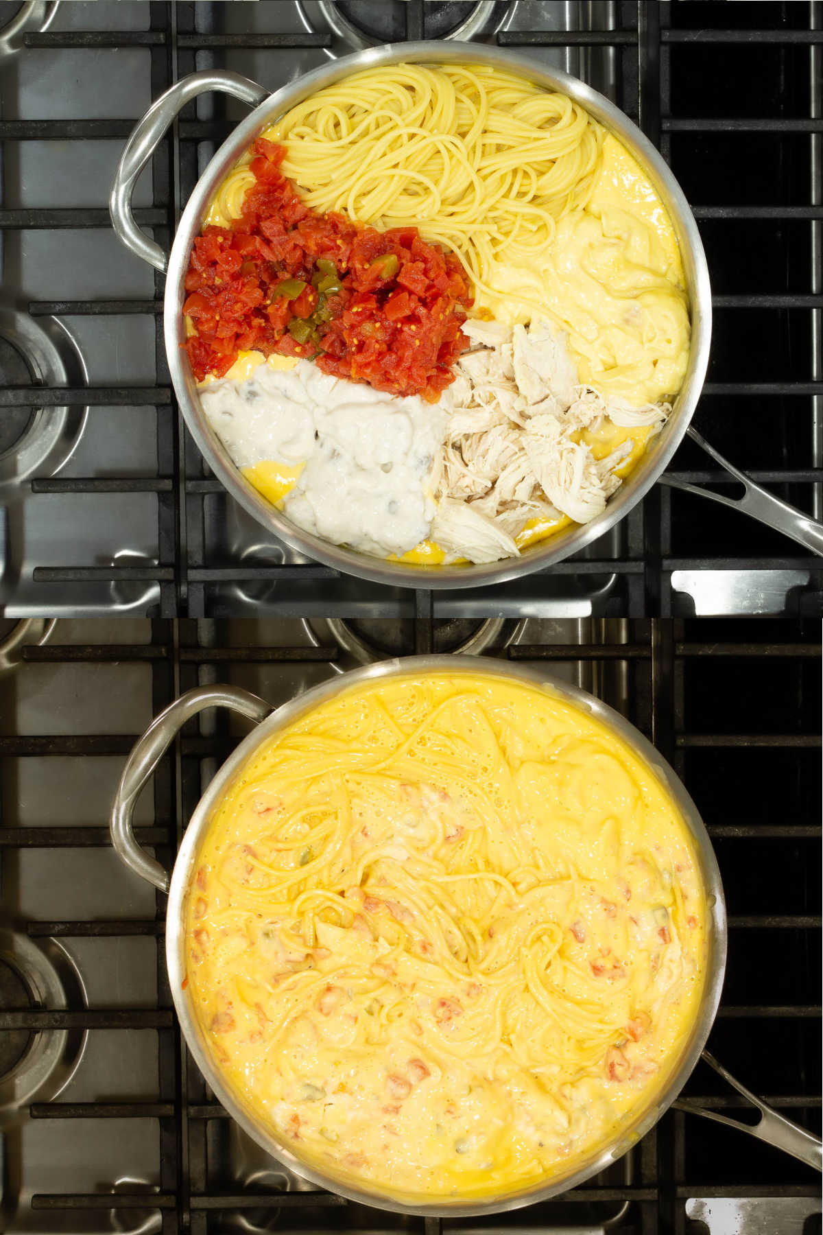 Collage of the mixed chicken spaghetti ingredients in a pan.