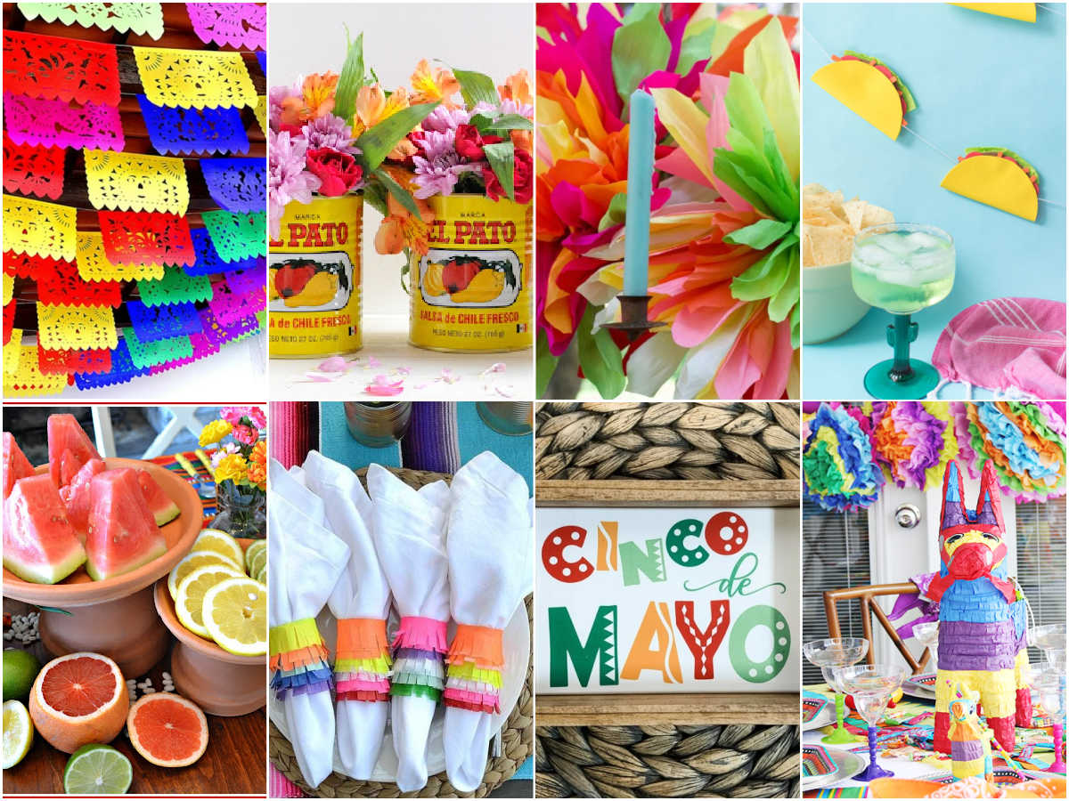 Collage of brightly colored tablescape ideas and Cinco De Mayo decorations