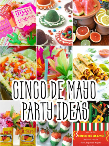 Collage of Cinco De Mayo Party Ideas including invites, decorations, and food.