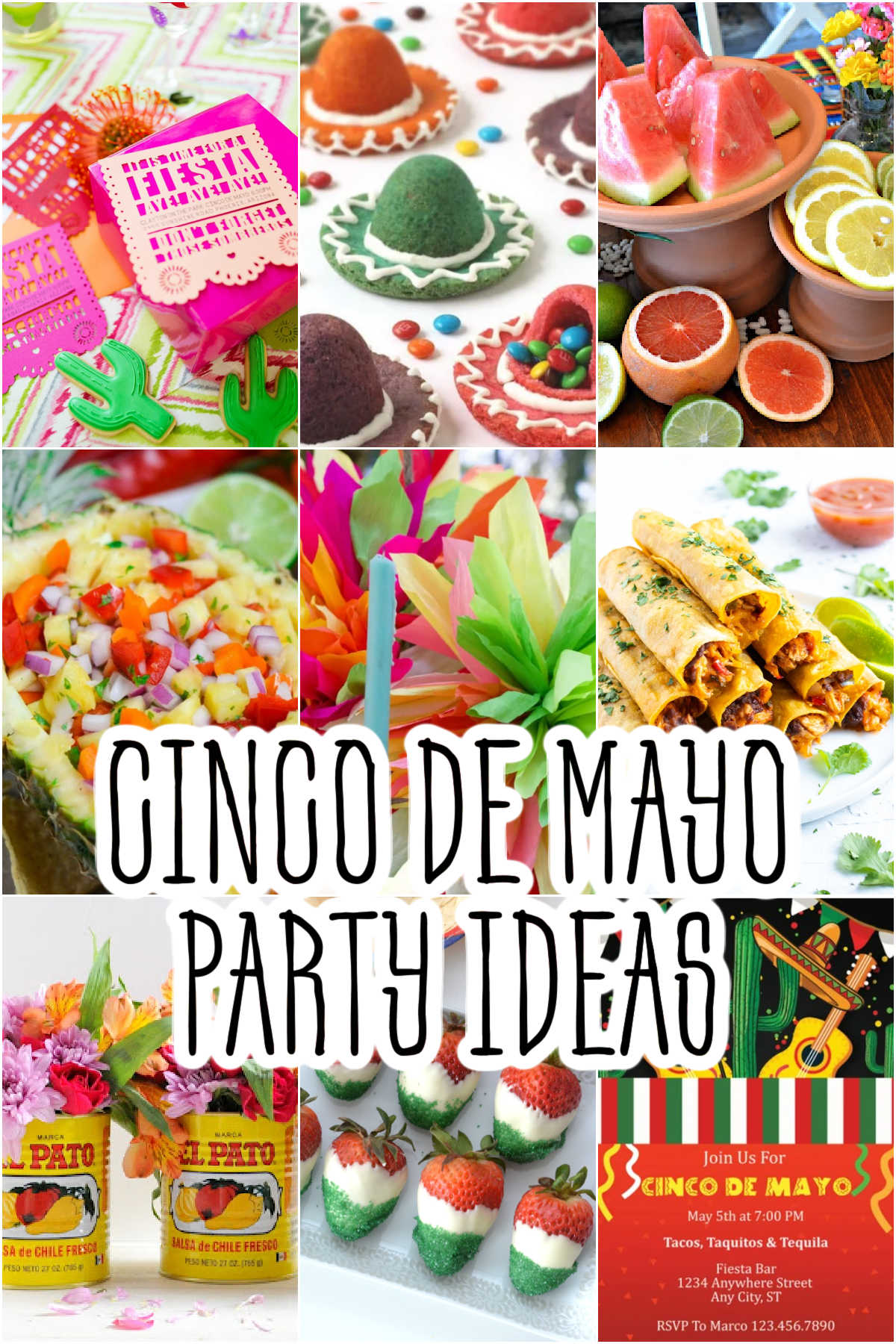 Collage of Cinco De Mayo Party Ideas including invites, decorations, and food.