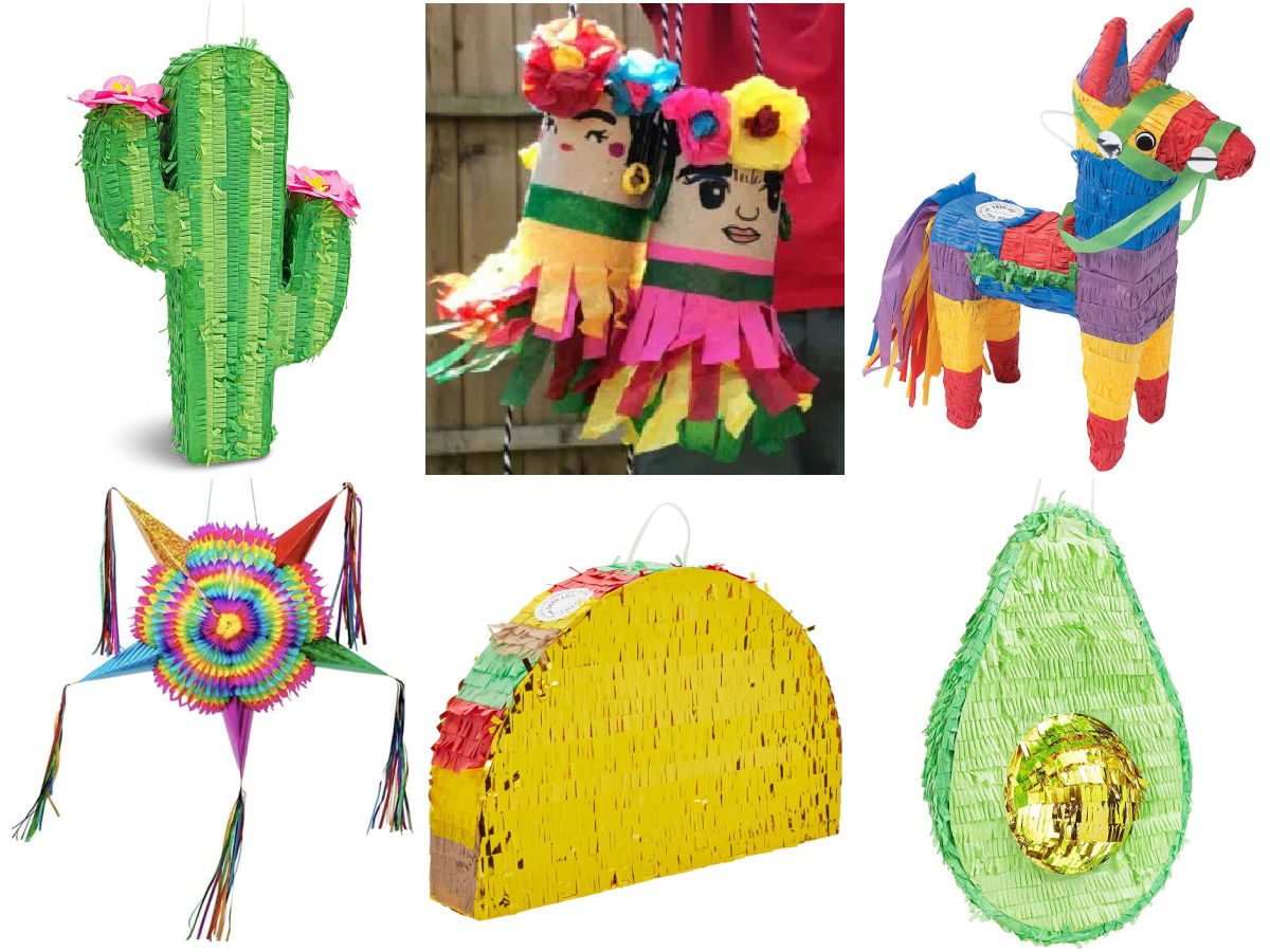 Collage of Cinco de Mayo pinatas including a taco, cactus, donkey, etc