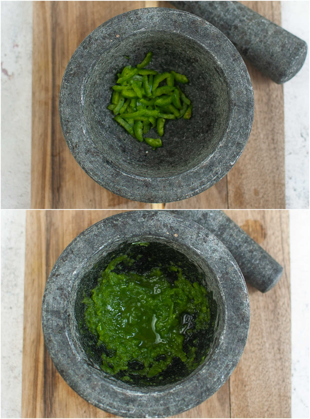 Chopped and pestled Jalapenos in a mortar