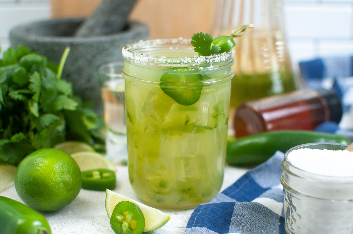 FInished Spicy Jalapeno Margarita in a glass mason jar