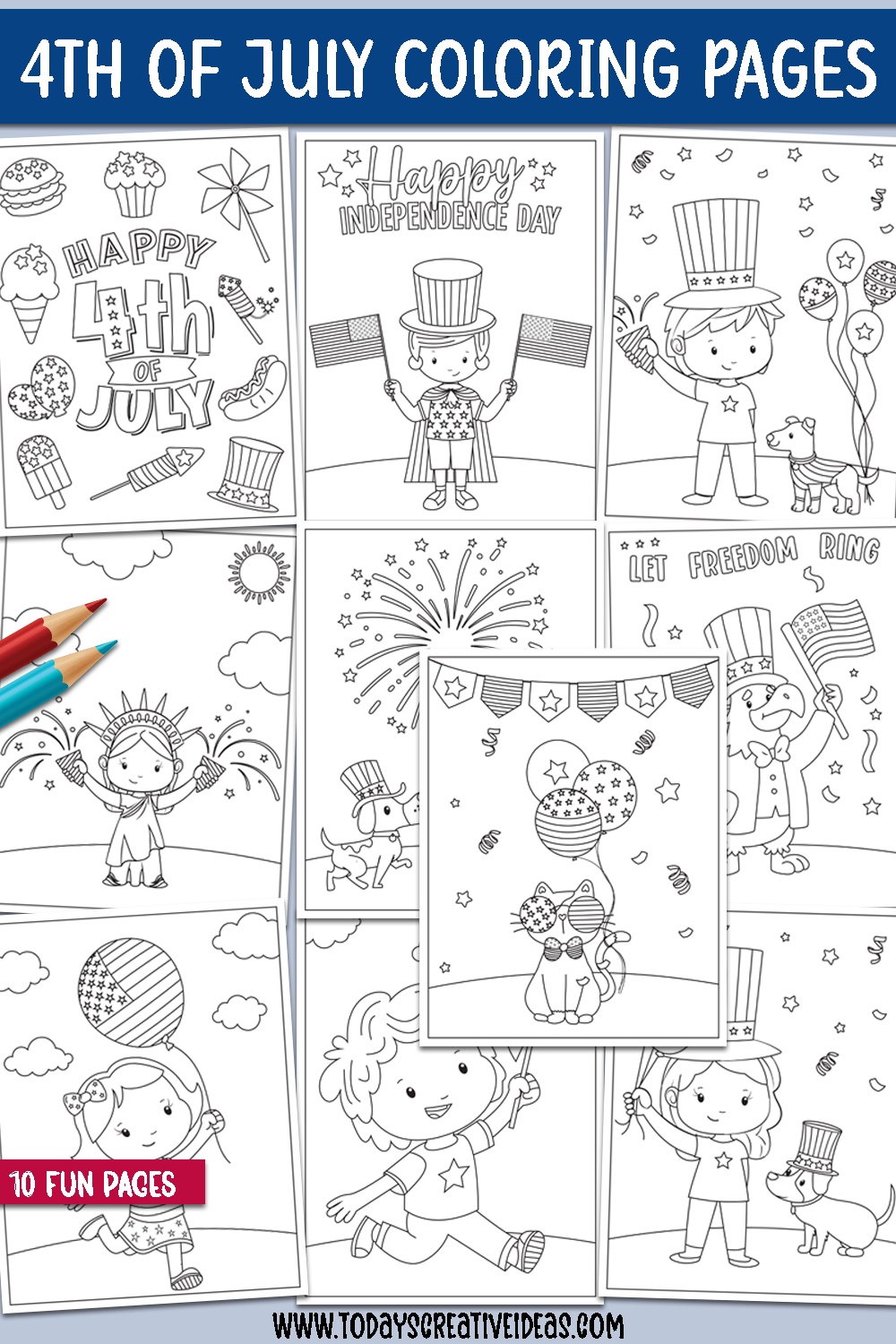 Collage of 10 fun 4th of July Coloring Pages