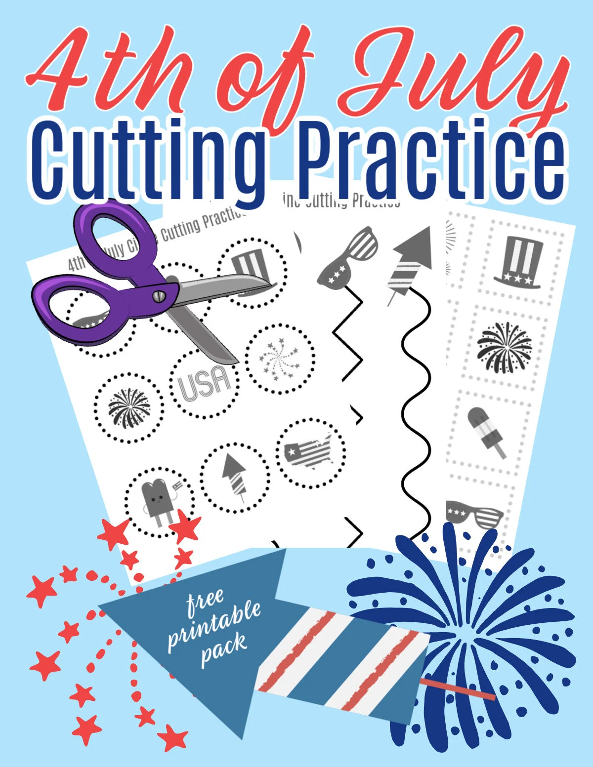 Collage of 4th of July Preschool Scissor Cutting Practice