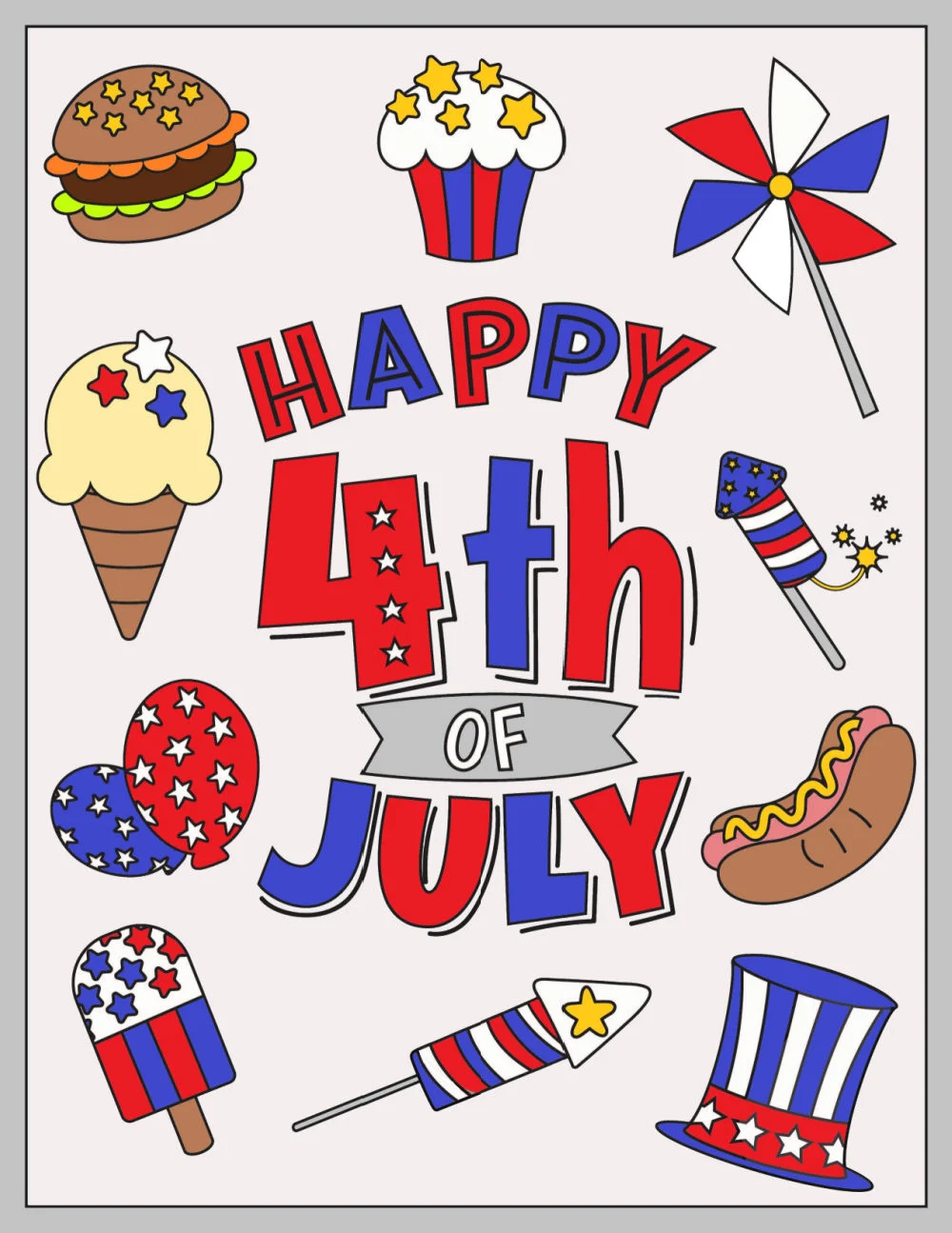 Colored 4th of July coloring sheet