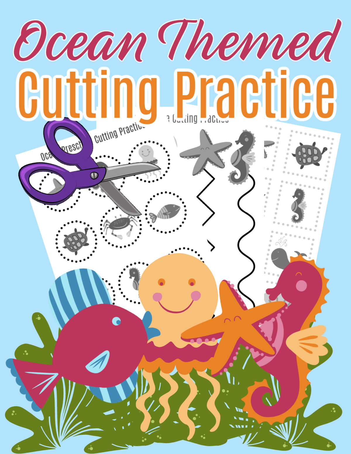 Ocean Cutting Practice Hero Image with a sample of the worksheets