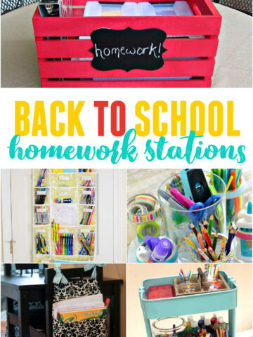 Collage of back to school homework stations