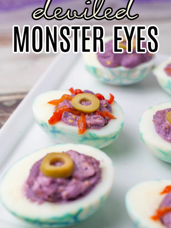 Hero image of Halloween themed deviled eggs that look like monster eyes