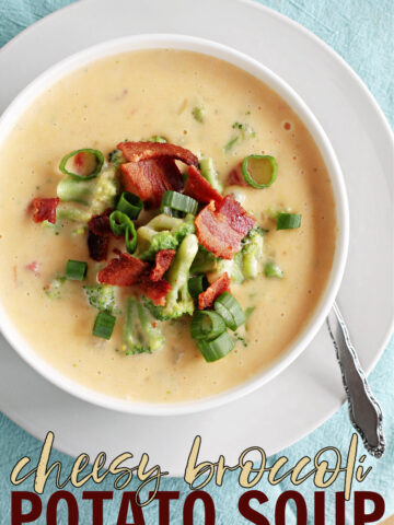 Cheesy Potato Soup Recipe in a white bowl