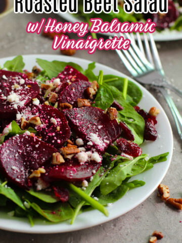 Finished Roasted Beet Salad Recipe on a white plate