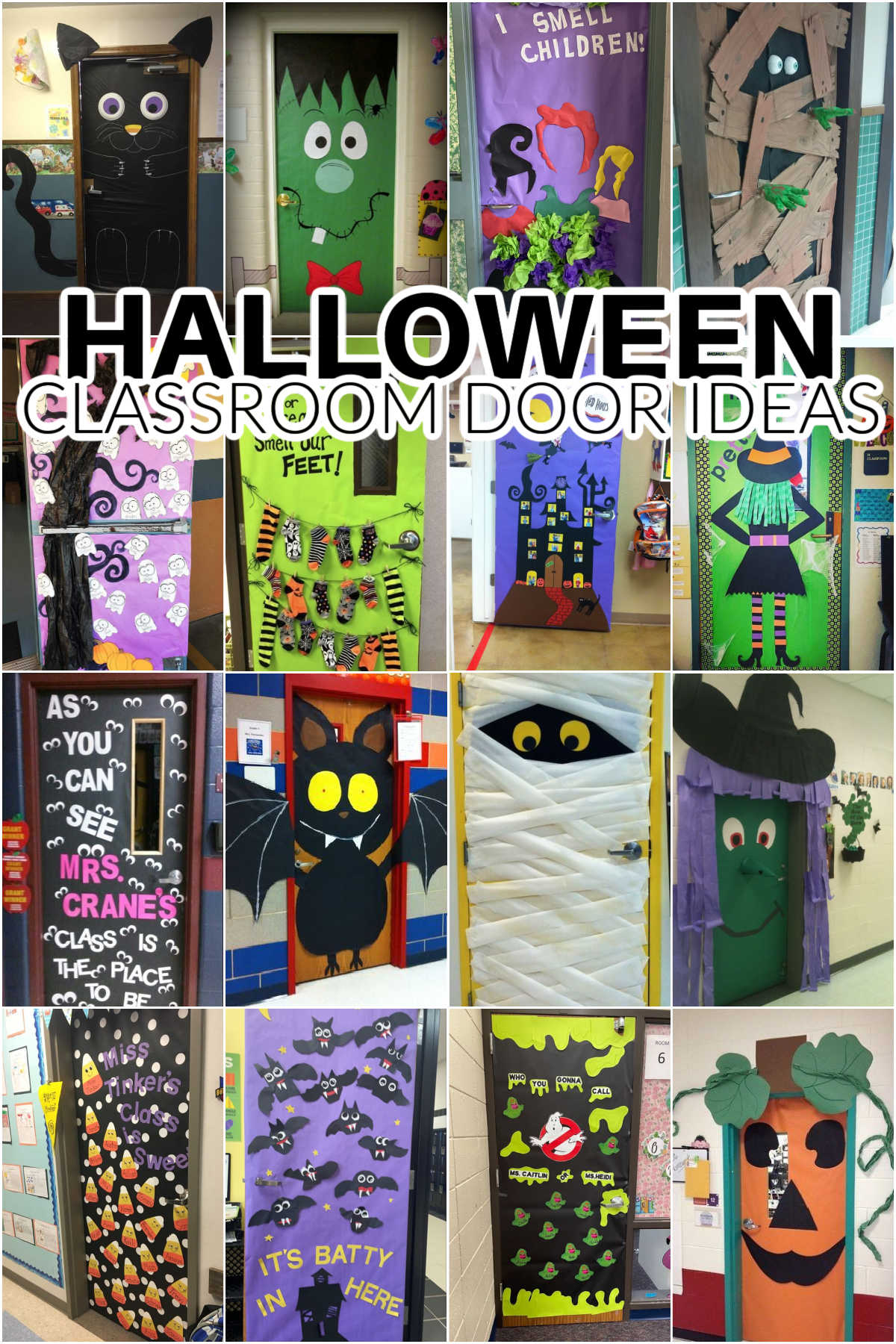 Collage of Halloween Classroom Door Ideas