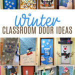 Collage of Winter Classroom door ideas for teachers