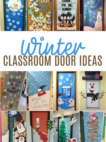 Collage of Winter Classroom door ideas for teachers