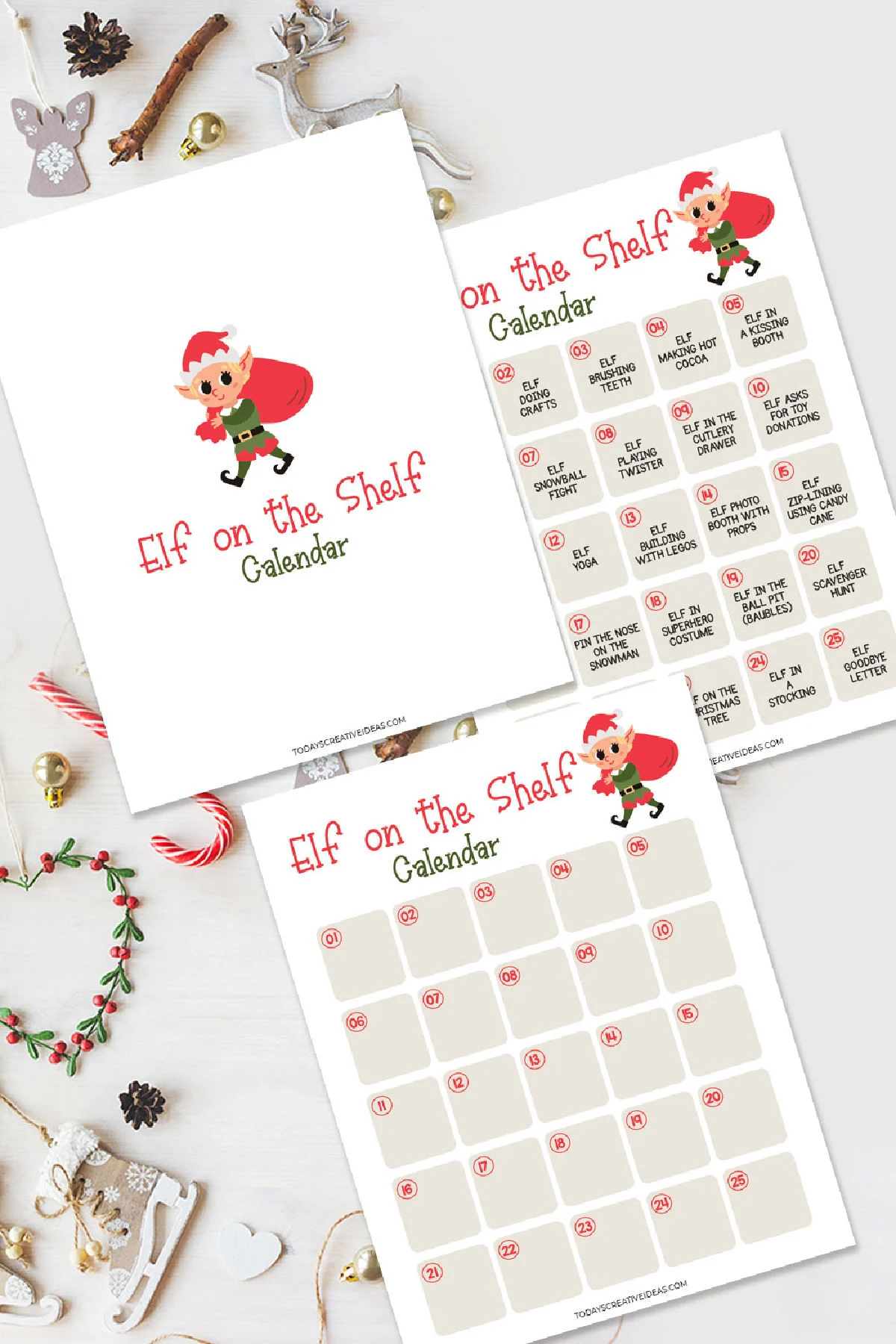 Collage of the Printable Elf on the Shelf Planning Calendar Pack