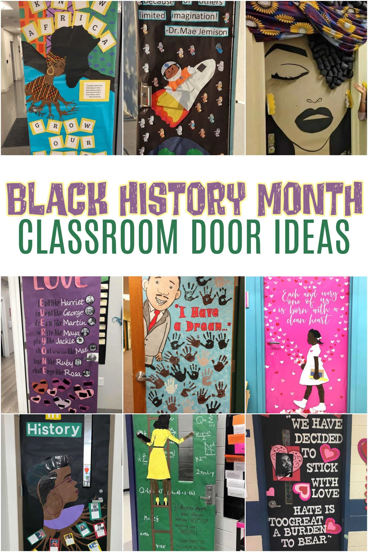 Collage of Classroom door ideas for Black History Month