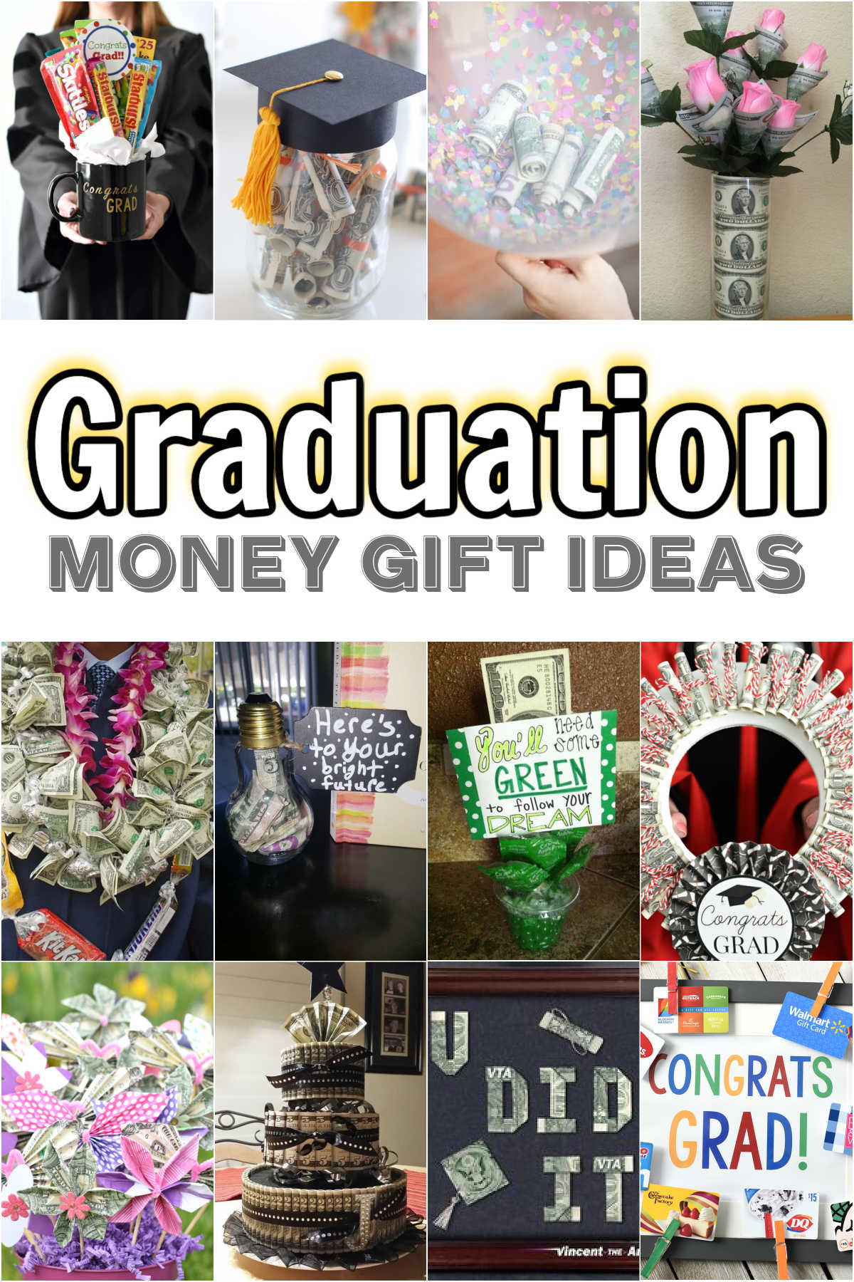 Collage of graduation money gift ideas