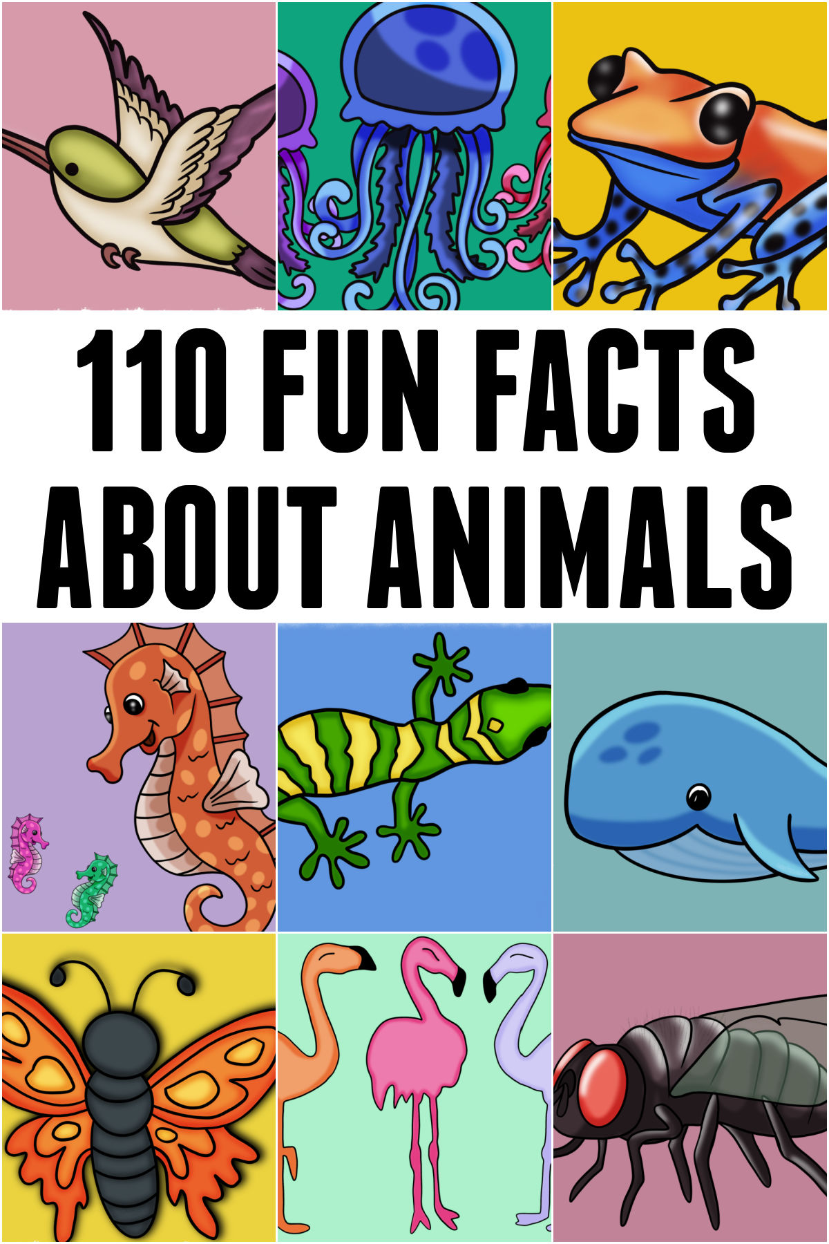 Collage of Animals with a title of 110 Fun Facts about Animals
