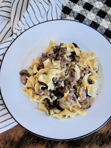 Homemade beef stroganoff in a white bowl