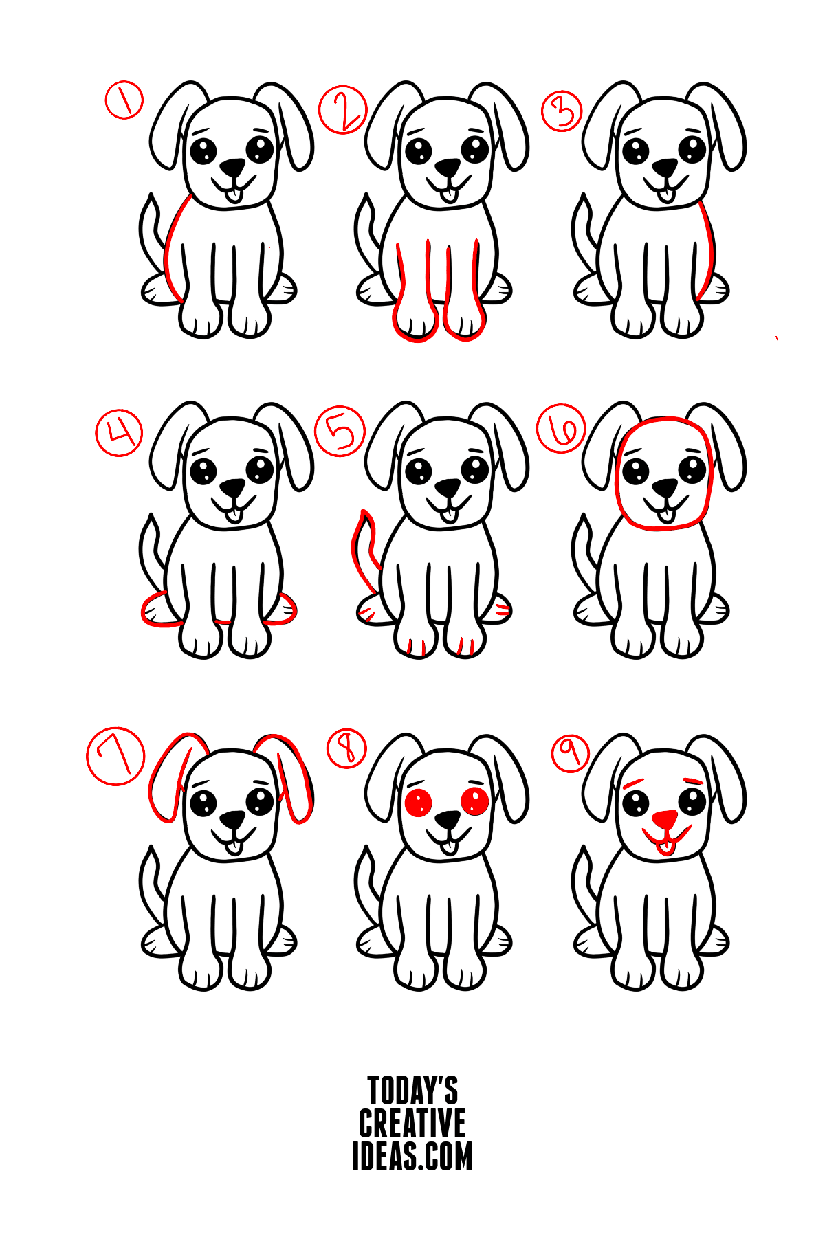 Step by Step Instructions on how to draw a dog.