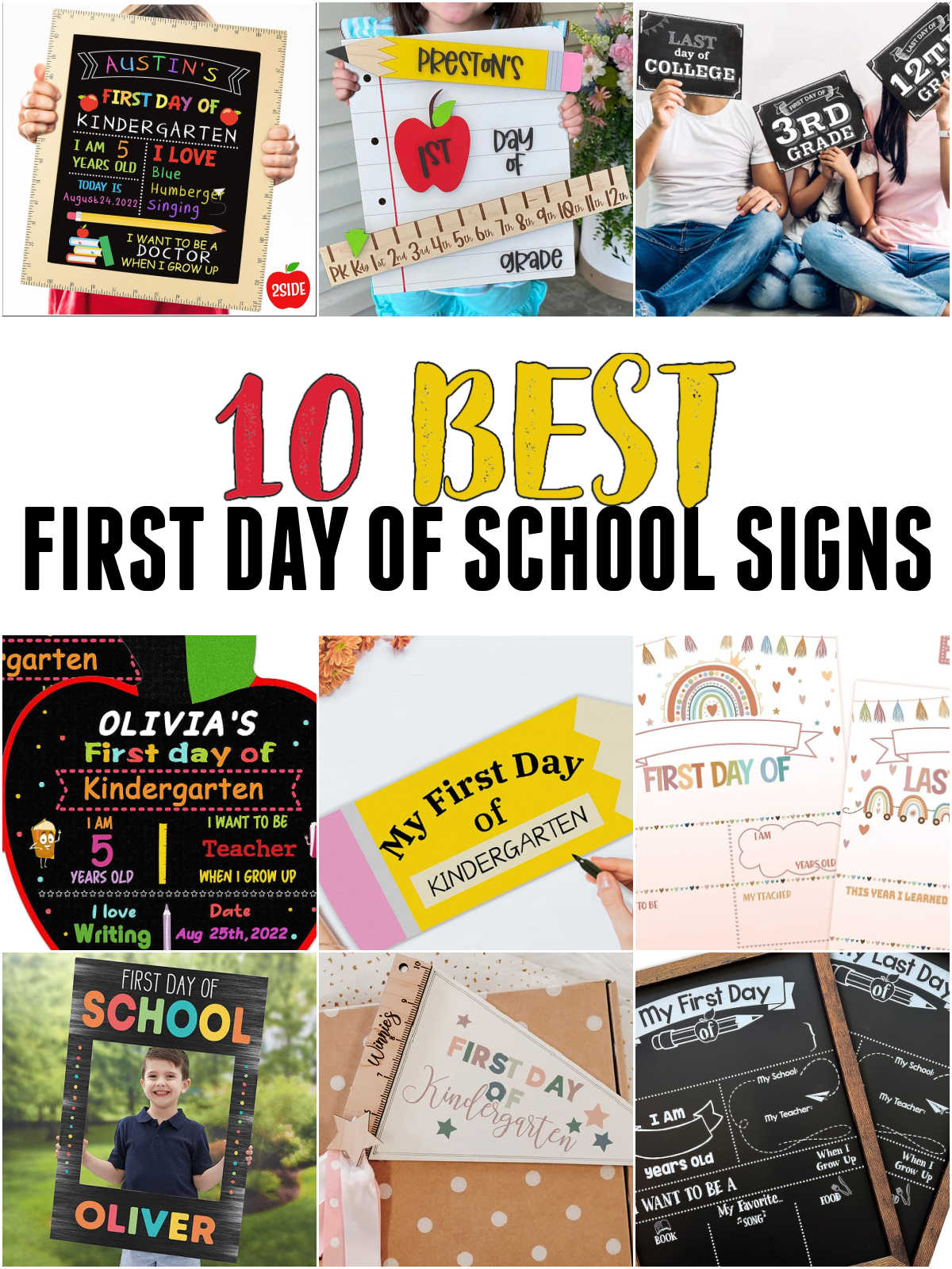 Collage of the best first day of school signs
