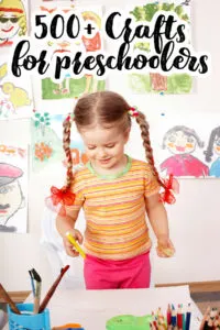 Girl with pigtails crafting with the title 500+ crafts for preschoolers