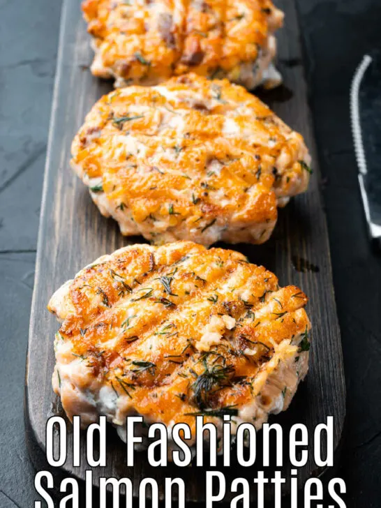 Salmon Patties on a wood tray